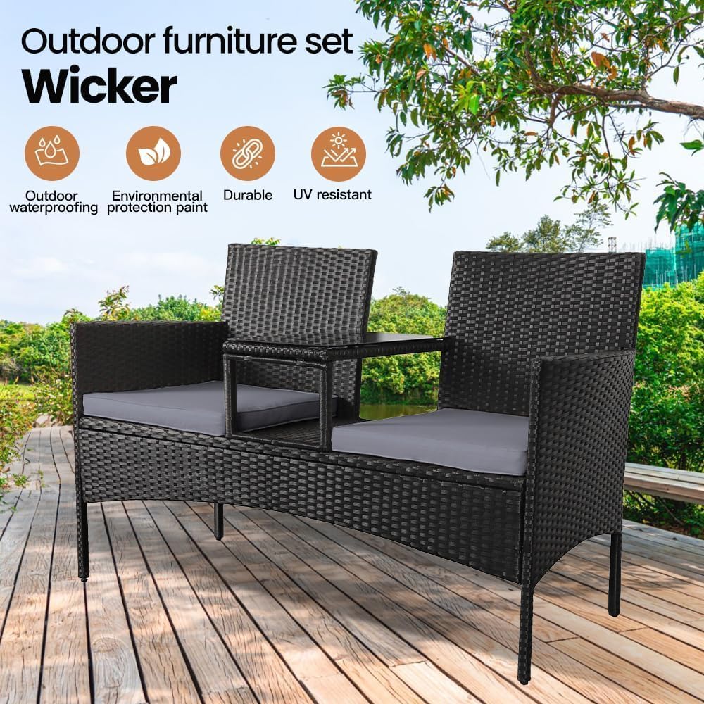 Modern Rattan Outdoor Loveseat 2-Seat Patio Conversation Set with Cushions and Built-in Coffee Table, All-Weather PE Wicker Patio Furniture for Balcony Porch Backyard (Black+Gery)