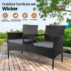 Modern Rattan Outdoor Loveseat 2-Seat Patio Conversation Set with Cushions and Built-in Coffee Table, All-Weather PE Wicker Patio Furniture for Balcony Porch Backyard (Black+Gery)