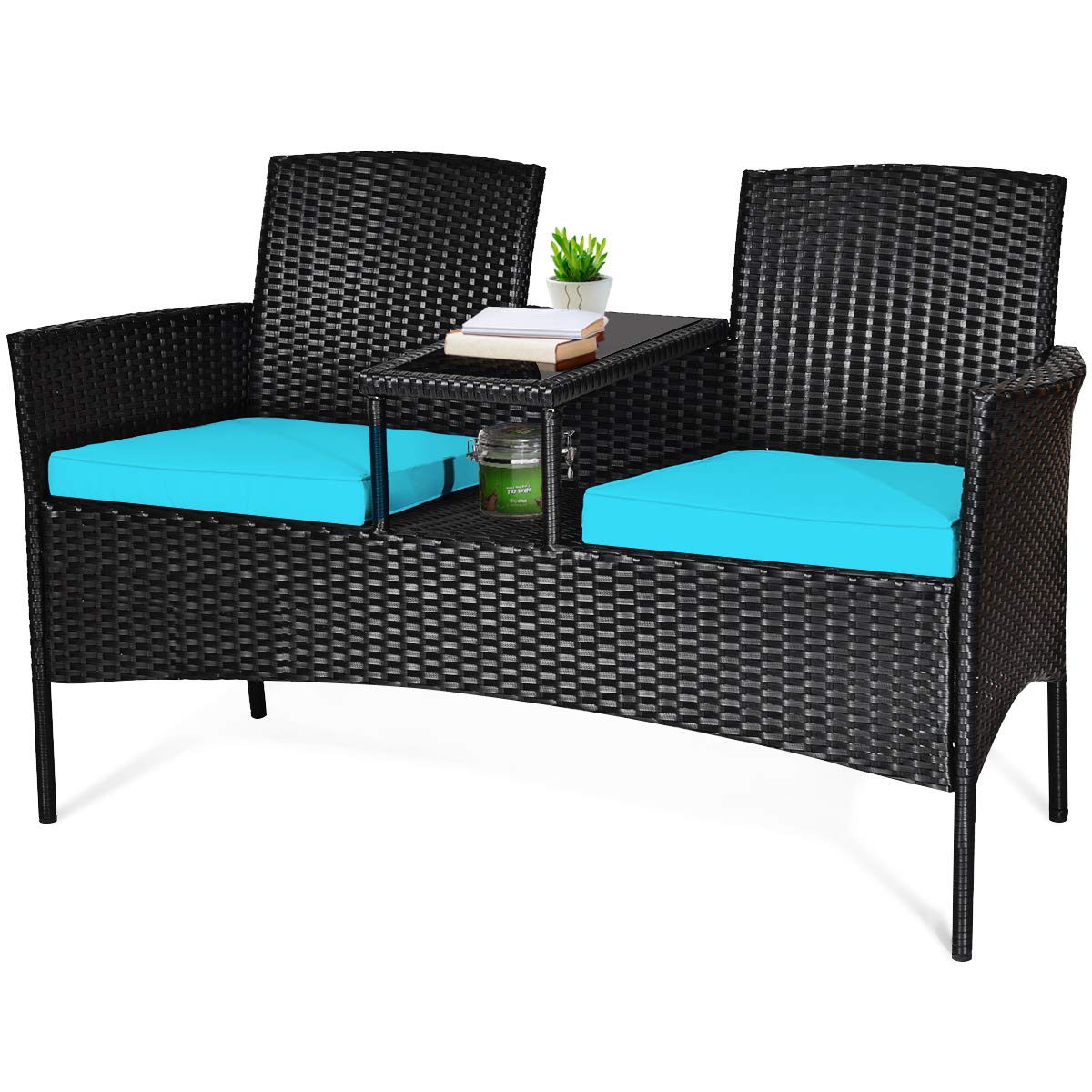 Tangkula Outdoor Rattan Loveseat, Patio Conversation Set with Cushions & Table, Modern Patented Wicker Sofa Set with Built-in Coffee Table, Rattan Sofas for Garden Lawn Backyard