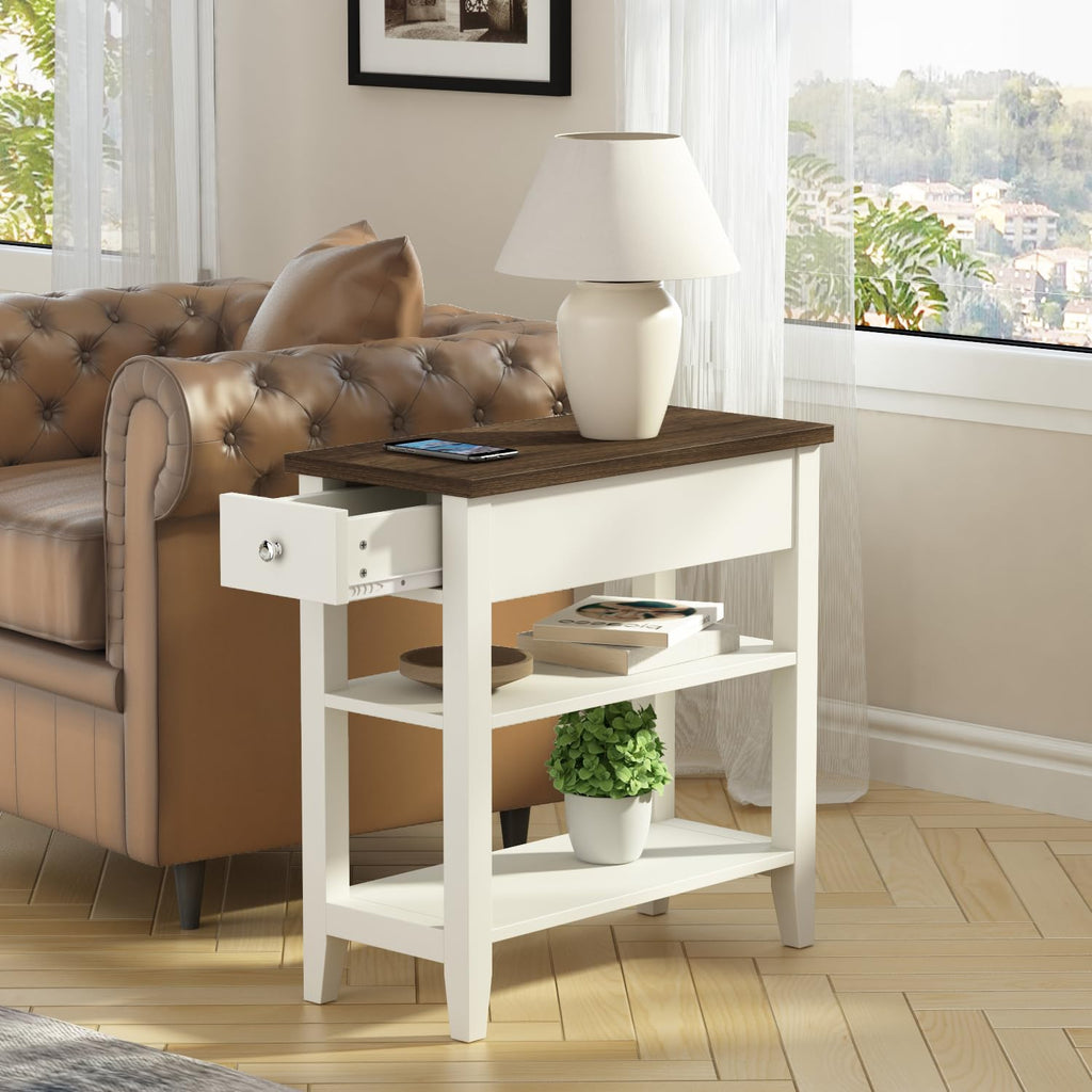 ChooChoo Side Table Living Room Set of 2, Narrow End Table with Drawer and Shelf, 3-Tier Sofa End Table for Small Space, White and Brown