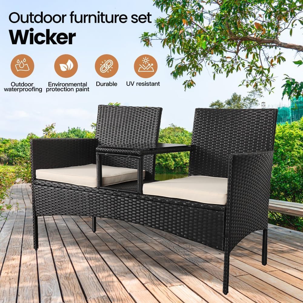 Modern Rattan Outdoor Loveseat 2-Seat Patio Conversation Set with Cushions and Built-in Coffee Table, All-Weather PE Wicker Patio Furniture for Balcony Porch Backyard (Black+White)
