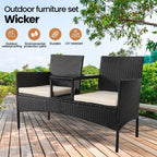 Modern Rattan Outdoor Loveseat 2-Seat Patio Conversation Set with Cushions and Built-in Coffee Table, All-Weather PE Wicker Patio Furniture for Balcony Porch Backyard (Black+White)