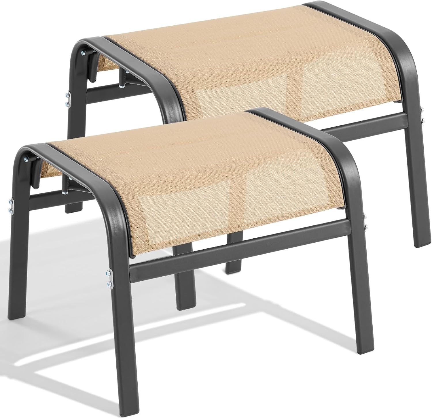 ONBRILL Outdoor Ottoman Set of 2, All Weather Outdoor Foot Stool with Supportive Textliene and Metal Frame, Stackable Oversized Outdoor Foot Rest for Furniture Patio Garden Pool, Beige
