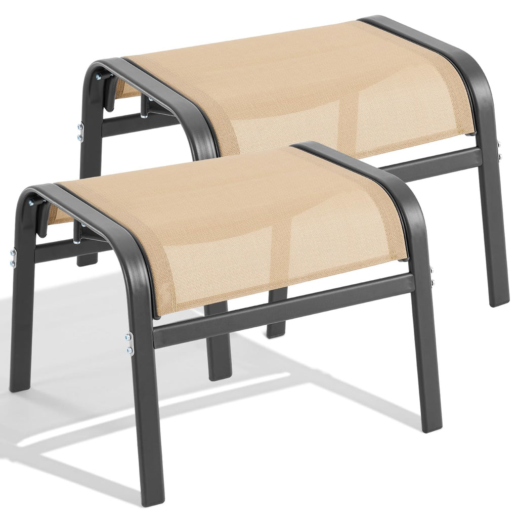 ONBRILL Outdoor Ottoman Foot Rest Set of 2, Textilene Fabric Outdoor Footstool with Tight Surface and Stable Metal Frame, Wide Use Outdoor Ottomans for Patio, Balcony, Poolside and Indoors, Black