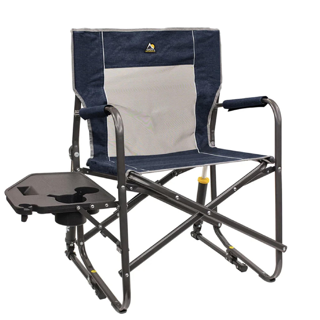 GCI Outdoor Freestyle Rocker Camping Chair | Portable Folding Rocking Chair with Solid, Durable Armrests, Drink Holder & Comfortable Backrest — Indigo Blue