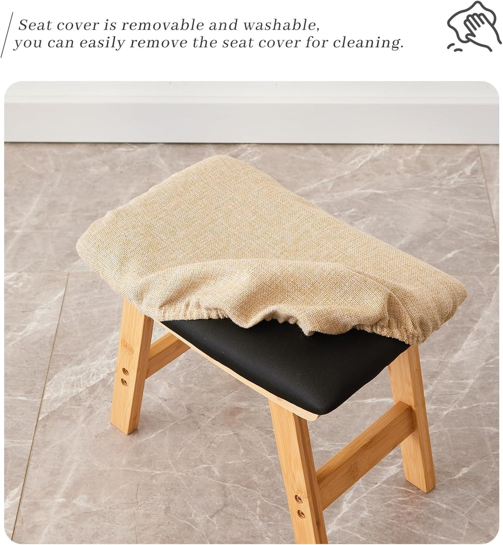 Kitsanery Foot Stool,Ottoman,Bamboo Small Sofa Foot Rest Under Desk,Extra Seating for Living Room, Bedroom and Kitchen (Natural Stool Legs - Beige Surface)