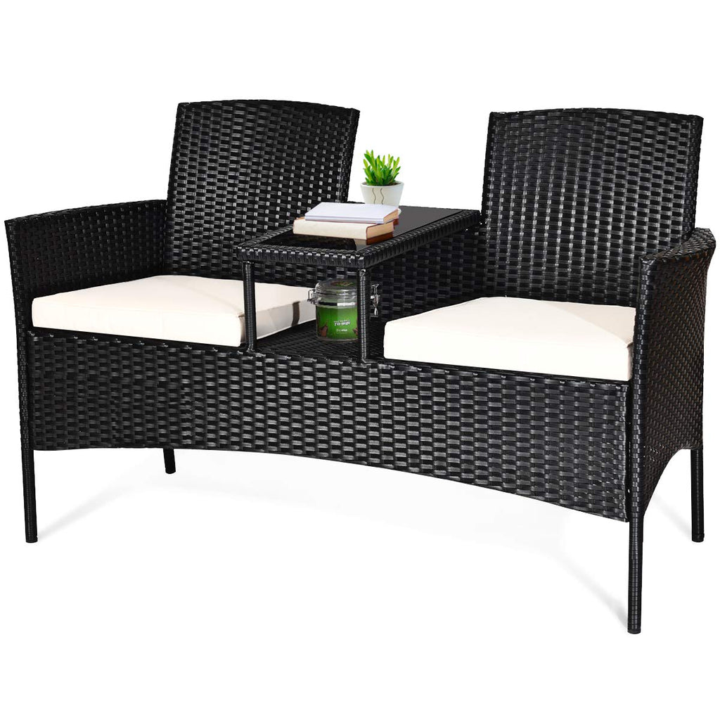 Tangkula Outdoor Rattan Loveseat, Patio Conversation Set with Cushions & Table, Modern Patented Wicker Sofa Set with Built-in Coffee Table, Rattan Sofas for Garden Lawn Backyard