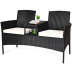 Tangkula Outdoor Rattan Loveseat, Patio Conversation Set with Cushions & Table, Modern Patented Wicker Sofa Set with Built-in Coffee Table, Rattan Sofas for Garden Lawn Backyard