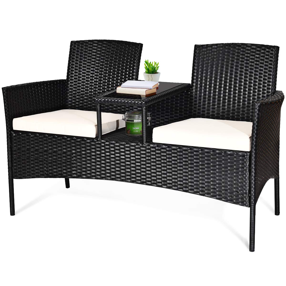 Tangkula Outdoor Rattan Loveseat, Patio Conversation Set with Cushions & Table, Modern Patented Wicker Sofa Set with Built-in Coffee Table, Rattan Sofas for Garden Lawn Backyard