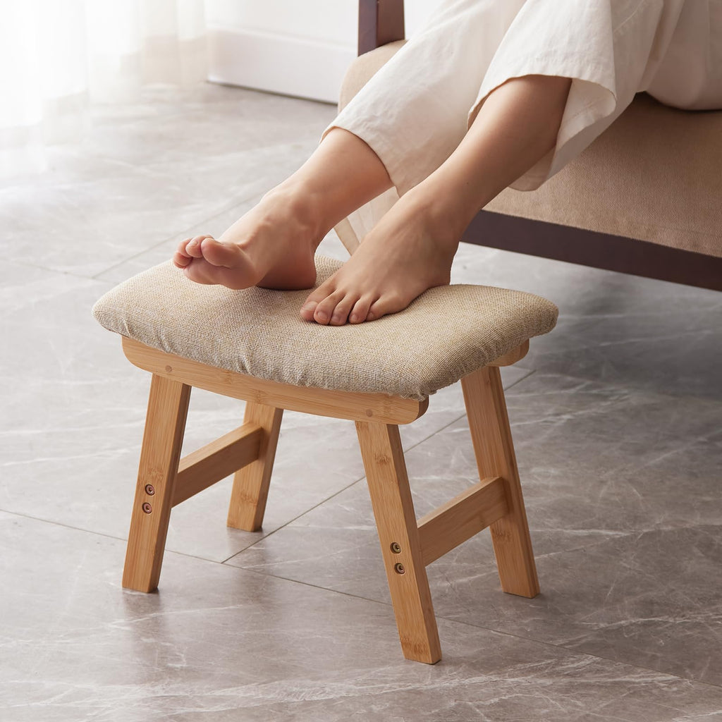 Kitsanery Foot Stool,Ottoman,Bamboo Small Sofa Foot Rest Under Desk,Extra Seating for Living Room, Bedroom and Kitchen (Natural Stool Legs - Beige Surface)