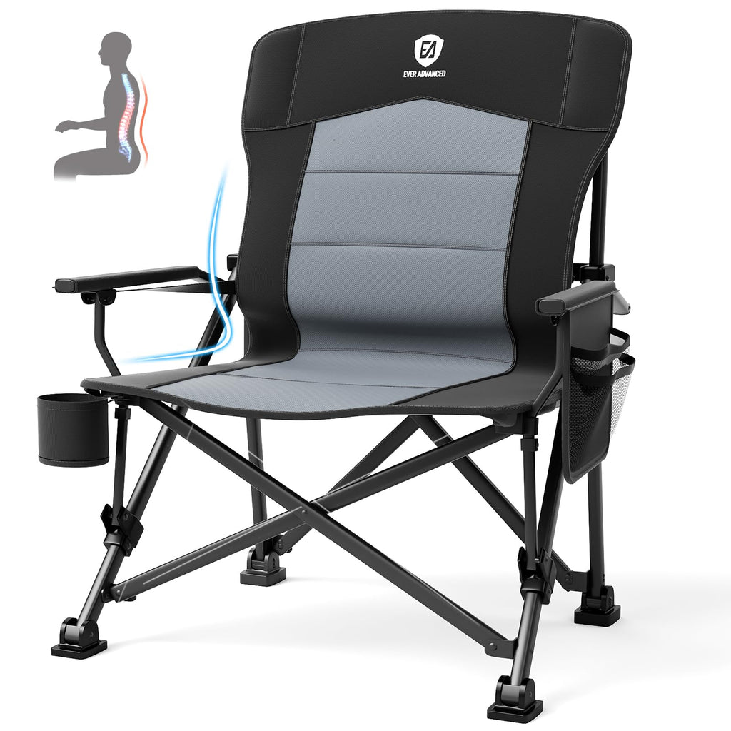 EVER ADVANCED Oversized Folding Camping Chair for Adults with Adjustable Lumbar Support, Heavy Duty Chair with Side Pockets, Portable Collapsible Quad Chair for Outside