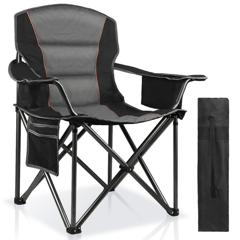 Oversized Padded Camping Chairs for Adults,Heavy Duty Support 400 Lbs,Folding Portable Lawn Chair w/Cup Holder,Cooler Bag,Side Pocket,Perfect for Outdoor Picnic,Hiking(Black)