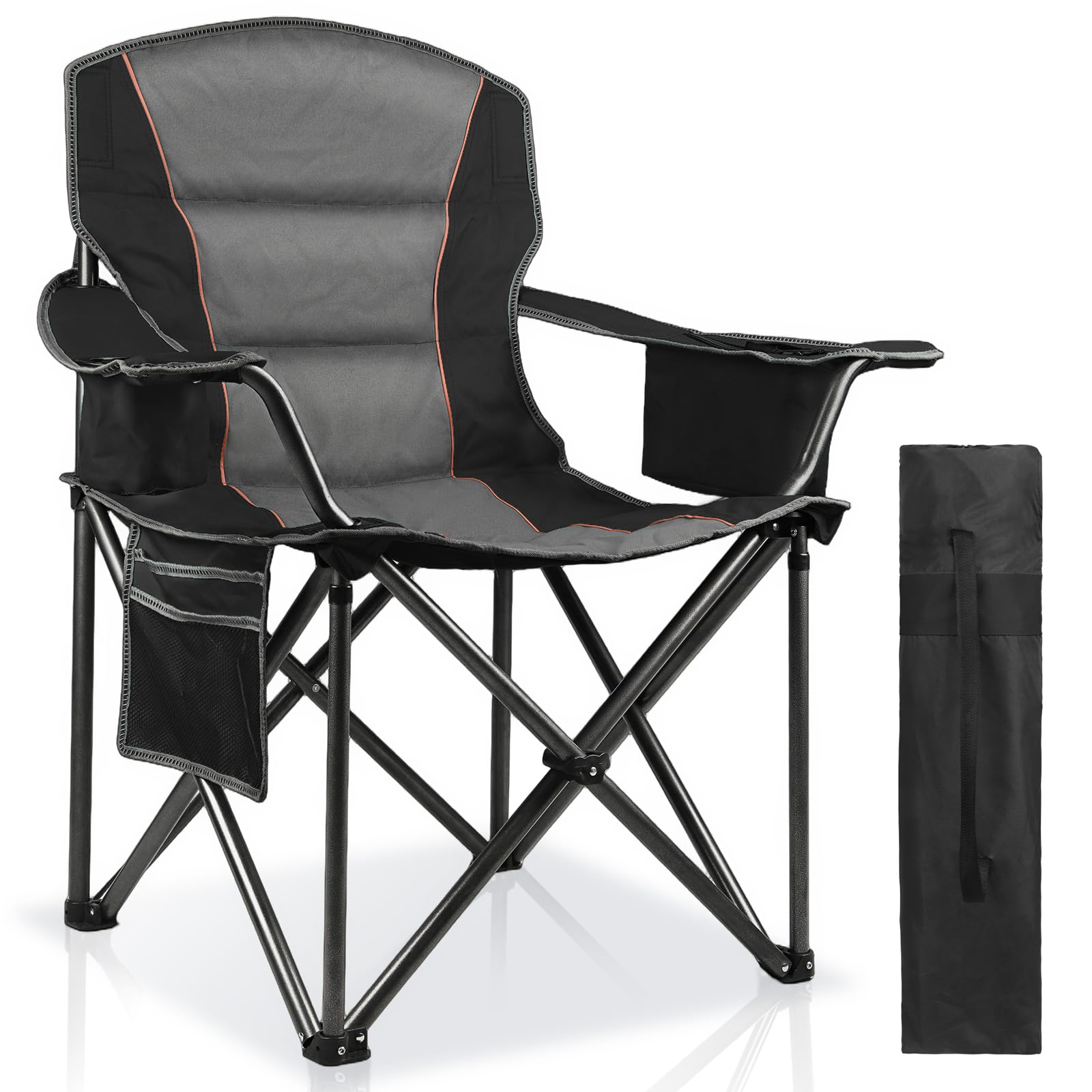 Oversized Padded Camping Chairs for Adults,Heavy Duty Support 400 Lbs,Folding Portable Lawn Chair w/Cup Holder,Cooler Bag,Side Pocket,Perfect for Outdoor Picnic,Hiking(Black)