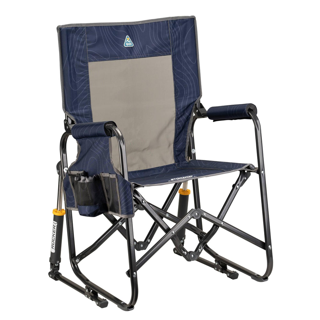 GCI Outdoor Freestyle Rocker Camping Chair | Portable Folding Rocking Chair with Solid, Durable Armrests, Drink Holder & Comfortable Backrest — Indigo Blue