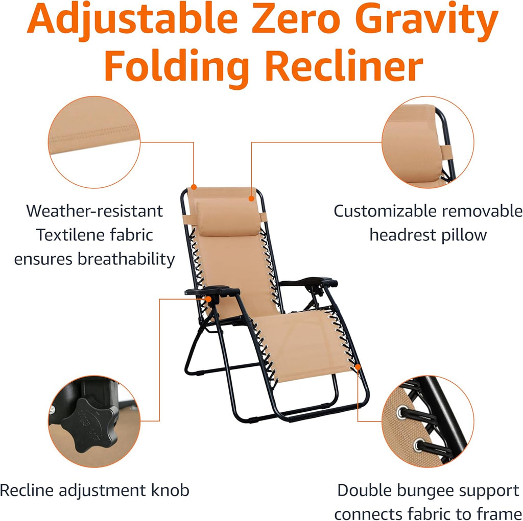 Amazon Basics Outdoor Patio Zero Gravity Folding Reclining Lounge Chair with Padded Headrest Pillow, Adjustable Lawn Chair for Outside, Weather-resistant Textilene, 26", Beige