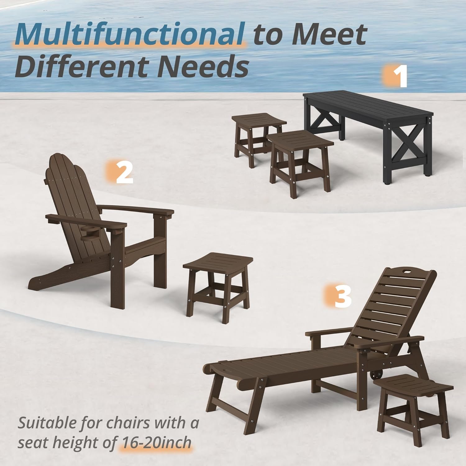 LUE BONA Outdoor Adirondack Ottomans, Footrest Footstool, Outdoor Foot Rest for Patio, HDPS All Weather Waterproof Footrest Footstool for Adirondack Chair, Dark Brown