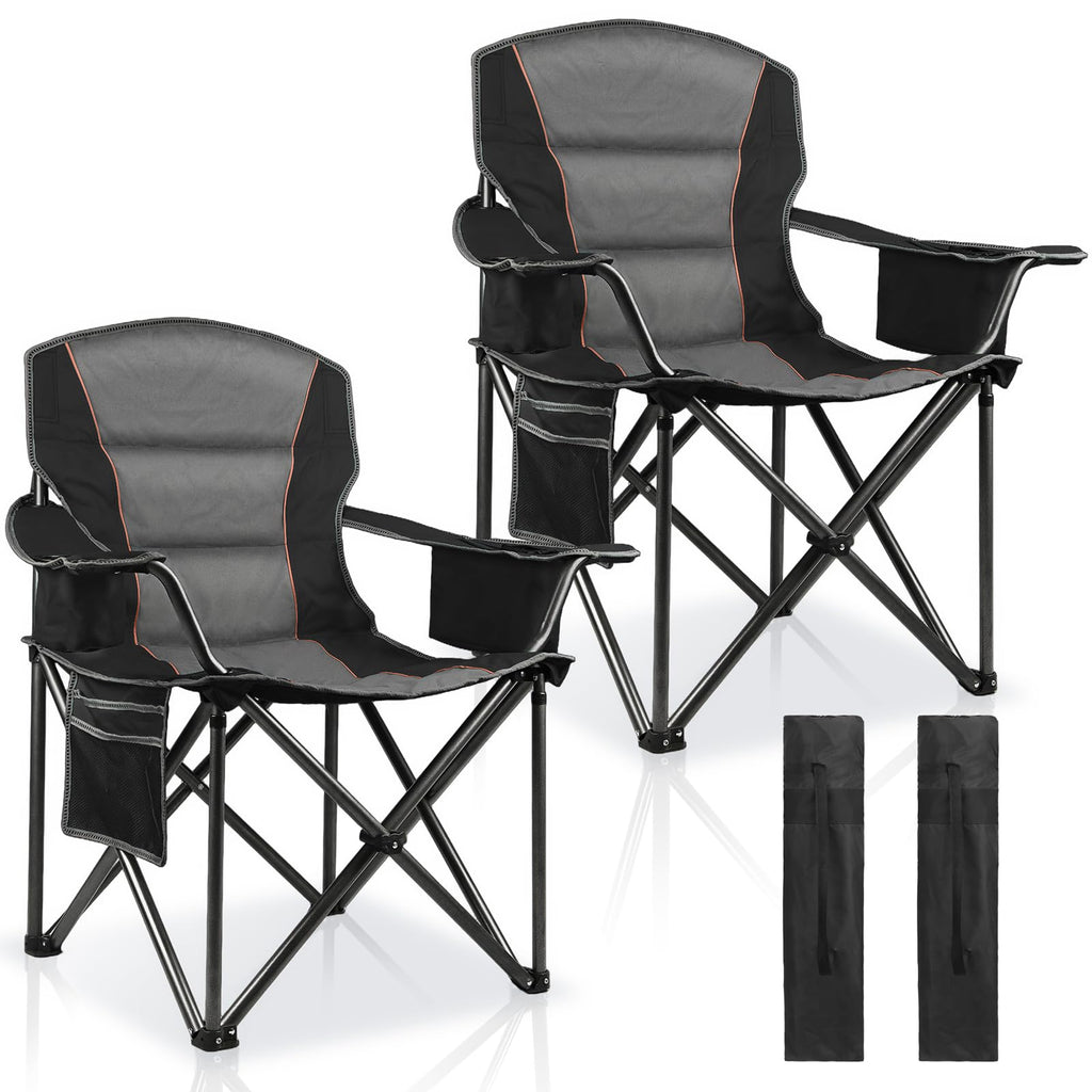 Oversized Padded Camping Chairs for Adults,Heavy Duty Support 400 Lbs,Folding Portable Lawn Chair w/Cup Holder,Cooler Bag,Side Pocket,Perfect for Outdoor Picnic,Hiking(Black)