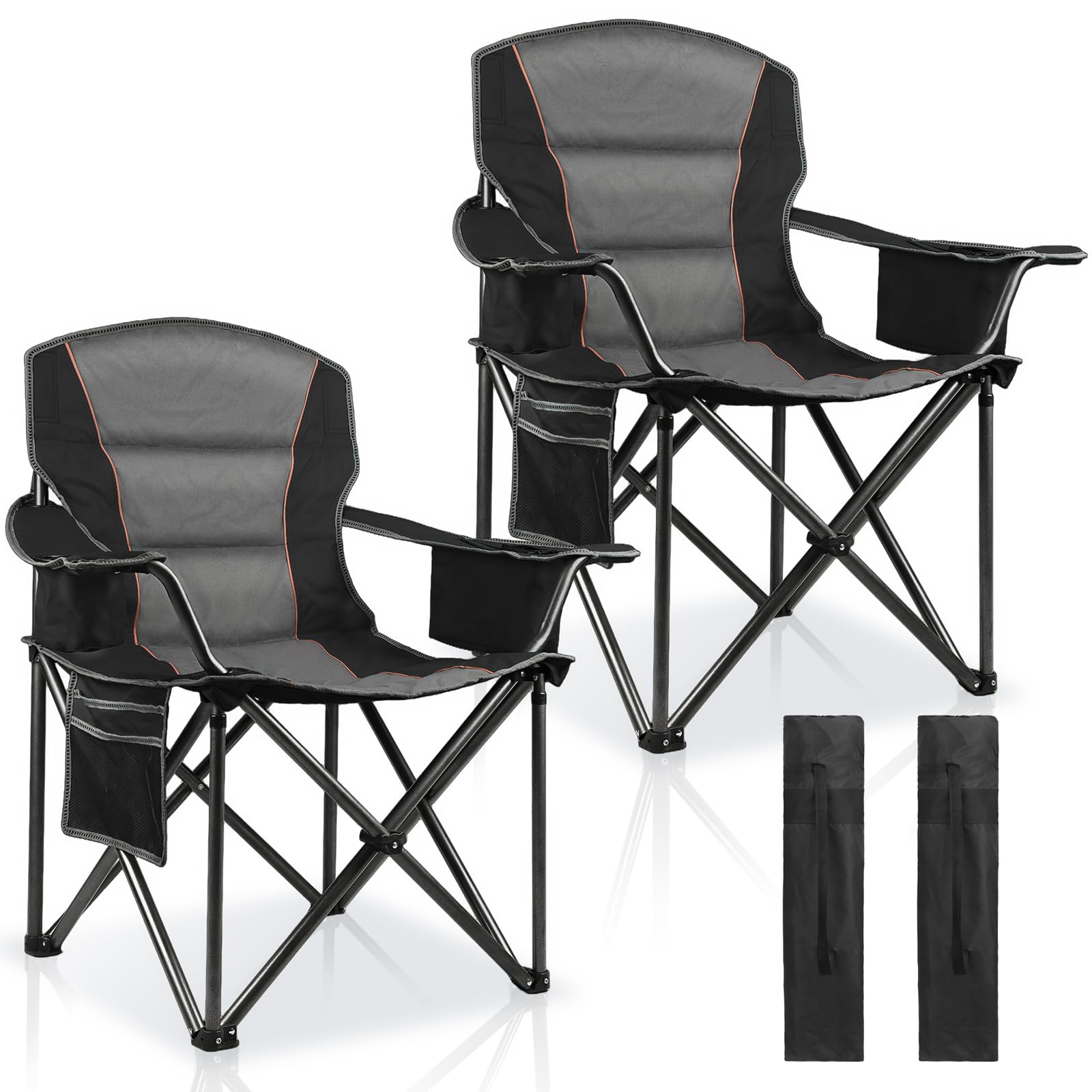 Oversized Padded Camping Chairs for Adults,Heavy Duty Support 400 Lbs,Folding Portable Lawn Chair w/Cup Holder,Cooler Bag,Side Pocket,Perfect for Outdoor Picnic,Hiking(Black)