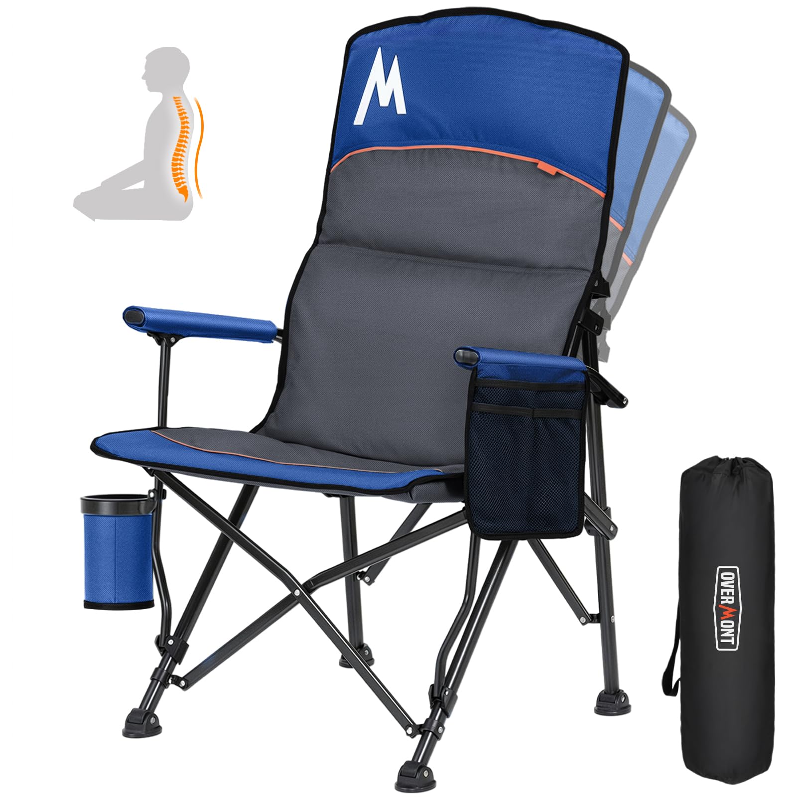 Overmont Camping Chair with Lumbar Support for Adults - Oversized with High Back Supports 450 LBS - Heavy Duty Folding Chair Portable for Outdoor Lawn Patio Balcony with Patent No.: US D1.028.543 S