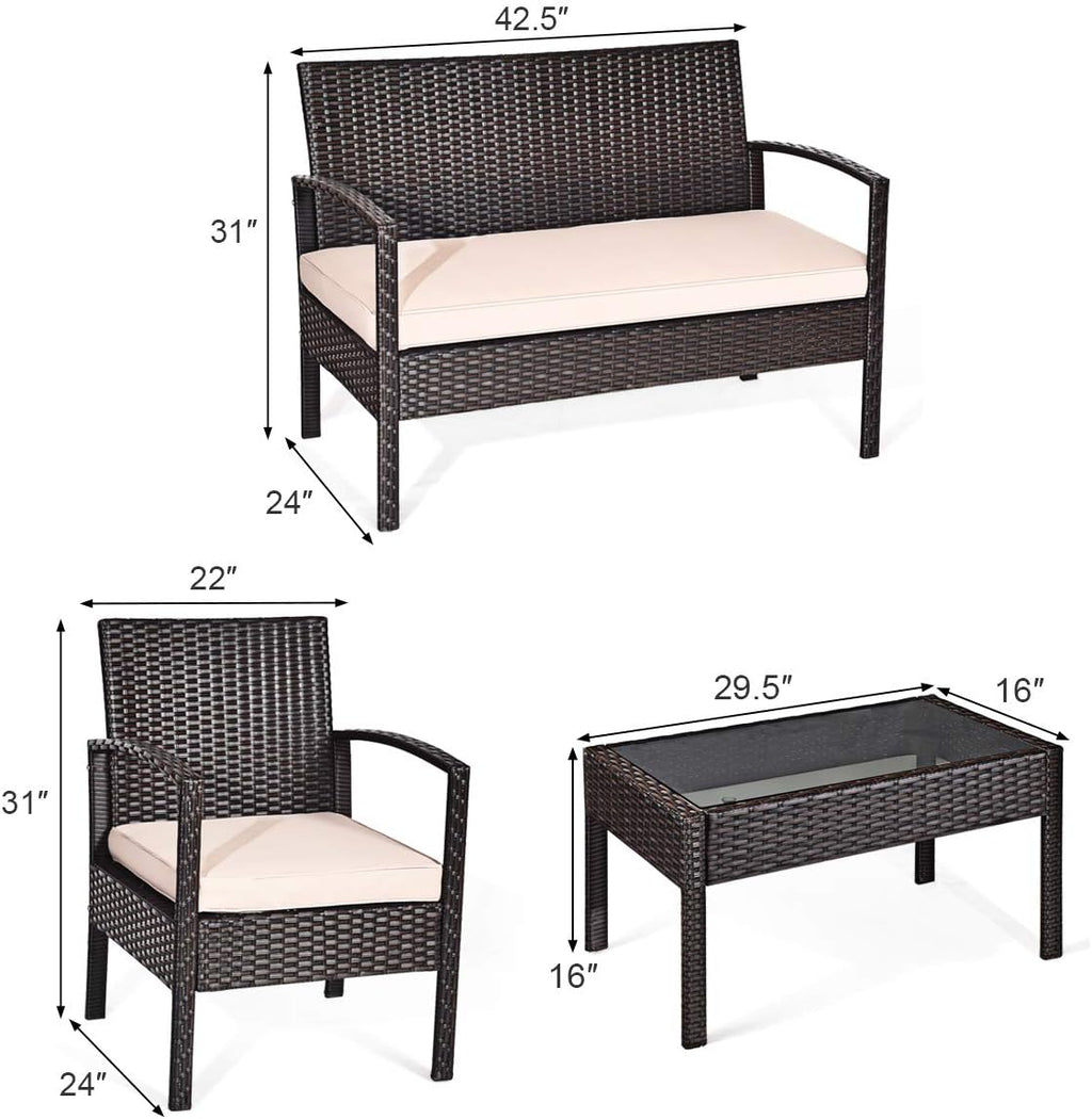 Tangkula 4 Piece Rattan Patio Furniture Set, All Weather Heavy Duty Wicker Outdoor Conversation Set, Includes Loveseat Bench, Single Chairs and Coffee Table, for Porch, Backyard, Garden, Poolside (1)