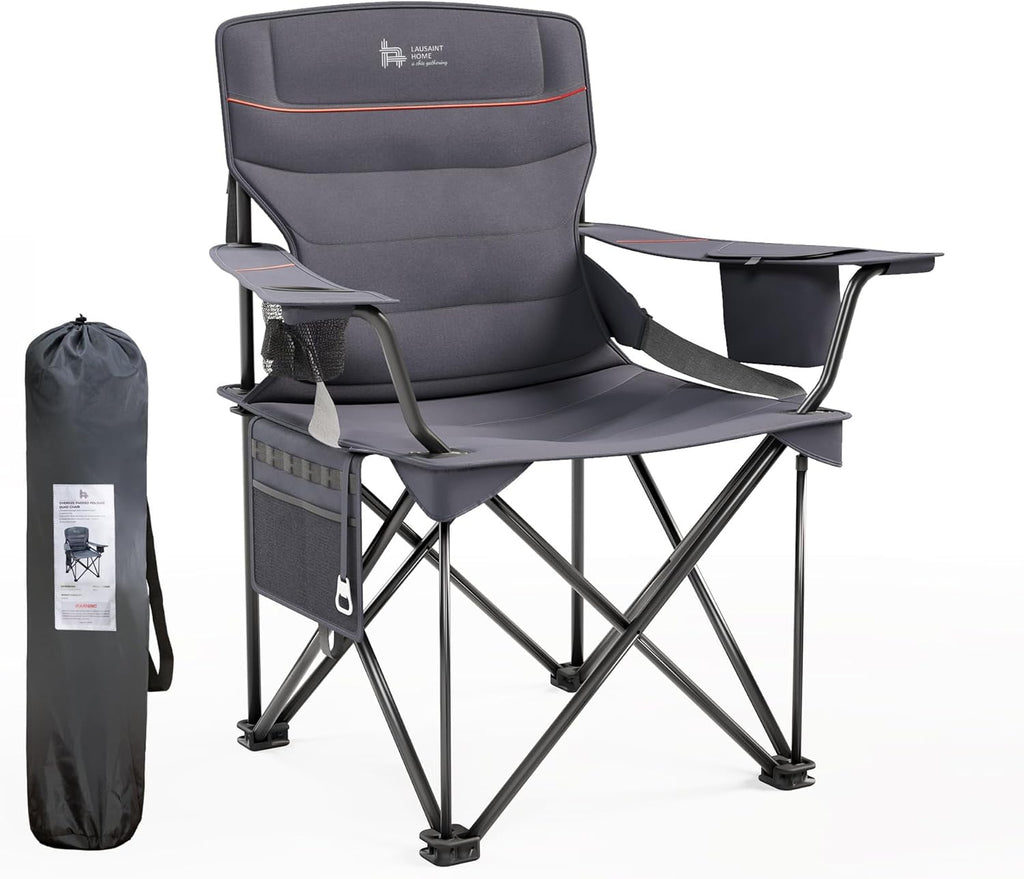 OUTSIDER Oversized Folding Camping Chair 300LB Capacity, Portable Outdoor Lawn Chairs with Ergonomic Lumbar Support, Cooler Bag, Cup Holder, Pockets, Headrest for Beach, Lawn, Hiking (Style-1, 1pc)