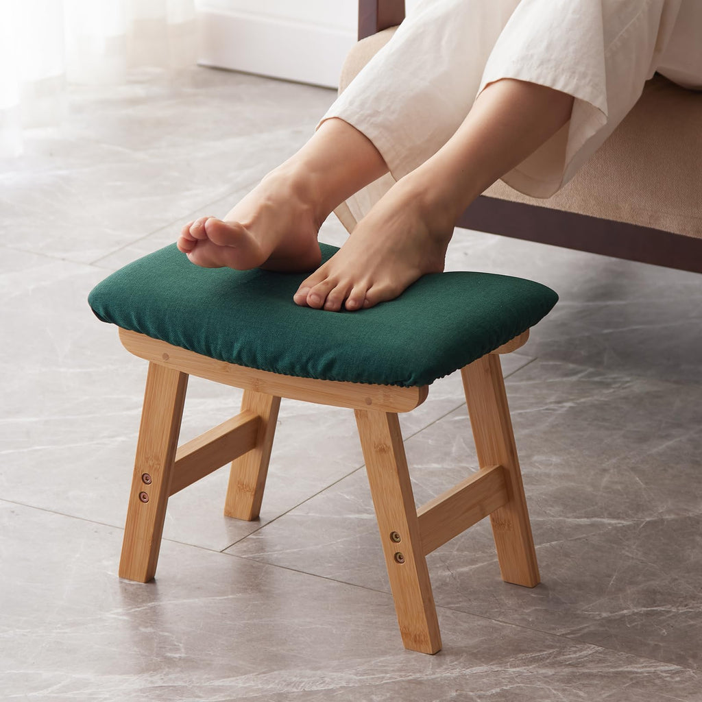 Kitsanery Foot Stool,Ottoman,Bamboo Small Sofa Foot Rest Under Desk,Extra Seating for Living Room, Bedroom and Kitchen (Natural Stool Legs - Beige Surface)
