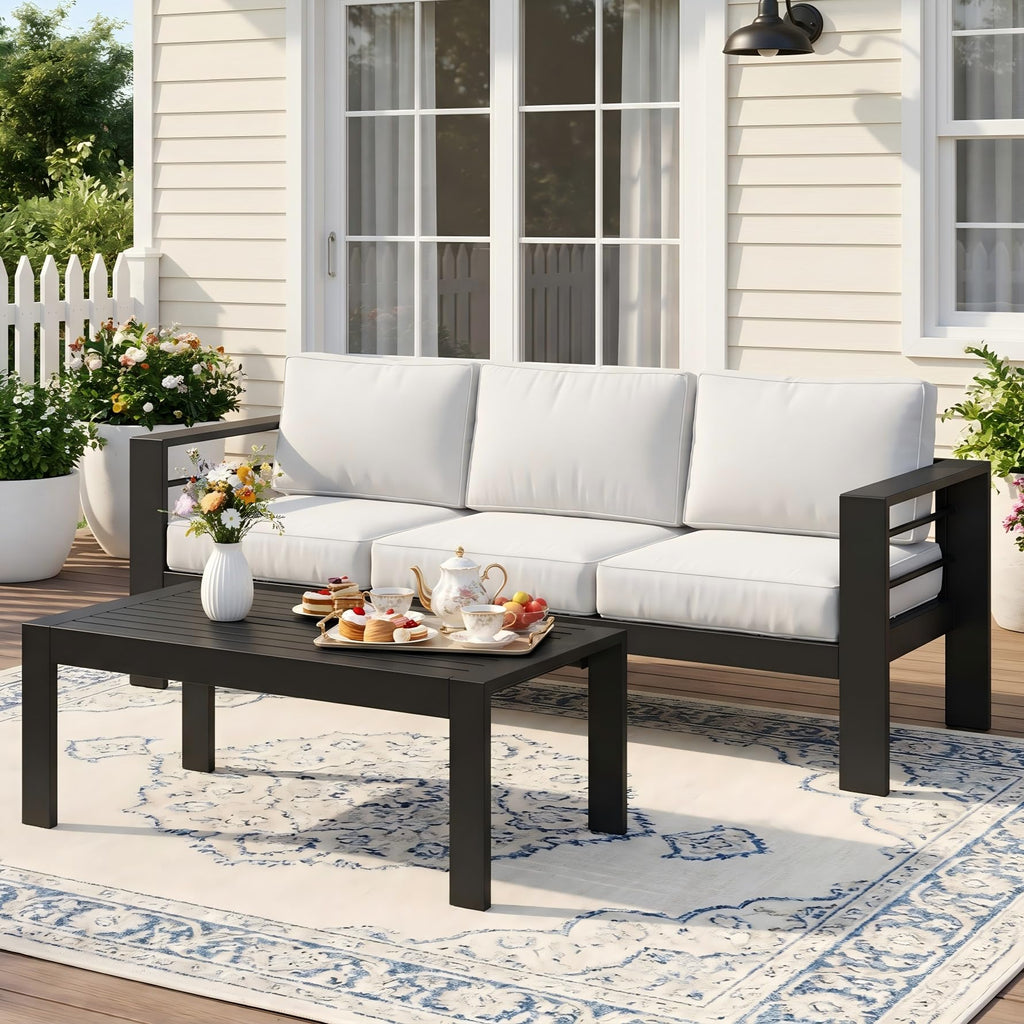 Wisteria Lane Patio Furniture Aluminum Loveseat, All-Weather Outdoor 2 Seats Sofa Couch, Black Metal Chair with Light Grey Cushions