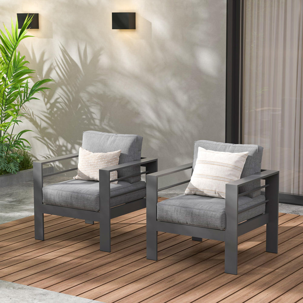 Wisteria Lane Patio Furniture Aluminum Loveseat, All-Weather Outdoor 2 Seats Sofa Couch, Black Metal Chair with Light Grey Cushions