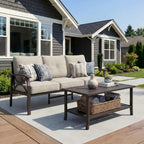 RoyalCraft Patio Loveseat, All-Weather Outdoor 2 Seats Sofa Couch, Khaki Metal Furniture with Beige Cushions
