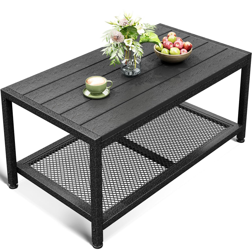 ODK Outdoor Coffee Table, Rectangle Weather-Resistant Patio Coffee Table for Garden, Balcony, Hot Tub, Poolside, Heavy-Duty Metal Frame, Black