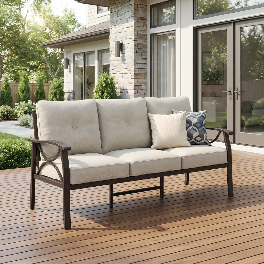RoyalCraft Patio Loveseat, All-Weather Outdoor 2 Seats Sofa Couch, Khaki Metal Furniture with Beige Cushions