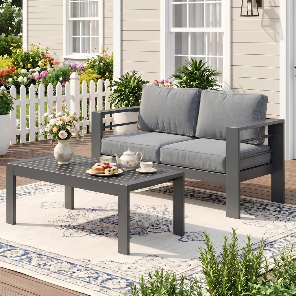 Wisteria Lane Patio Furniture Aluminum Loveseat, All-Weather Outdoor 2 Seats Sofa Couch, Black Metal Chair with Light Grey Cushions