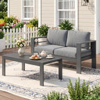 Wisteria Lane Patio Furniture Aluminum Loveseat, All-Weather Outdoor 2 Seats Sofa Couch, Black Metal Chair with Light Grey Cushions