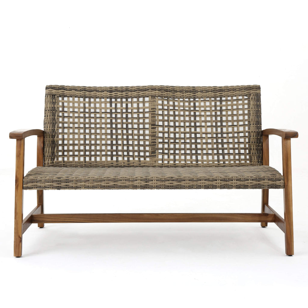 Great Deal Furniture Marcia Outdoor Wood and Wicker Loveseat, Natural Finish with Mix Mocha Wicker,Mix Mocha, Natural Stained Finish,307798
