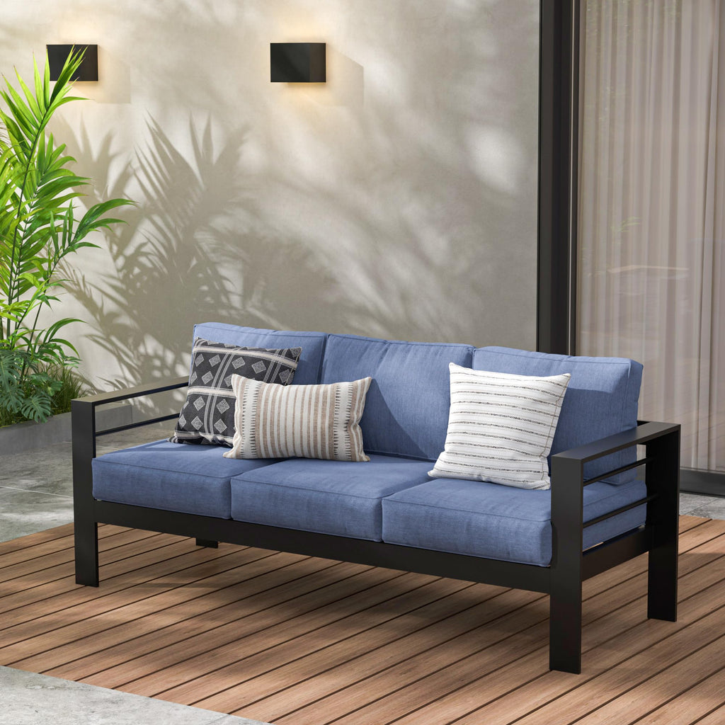 Wisteria Lane Patio Furniture Aluminum Loveseat, All-Weather Outdoor 2 Seats Sofa Couch, Black Metal Chair with Light Grey Cushions