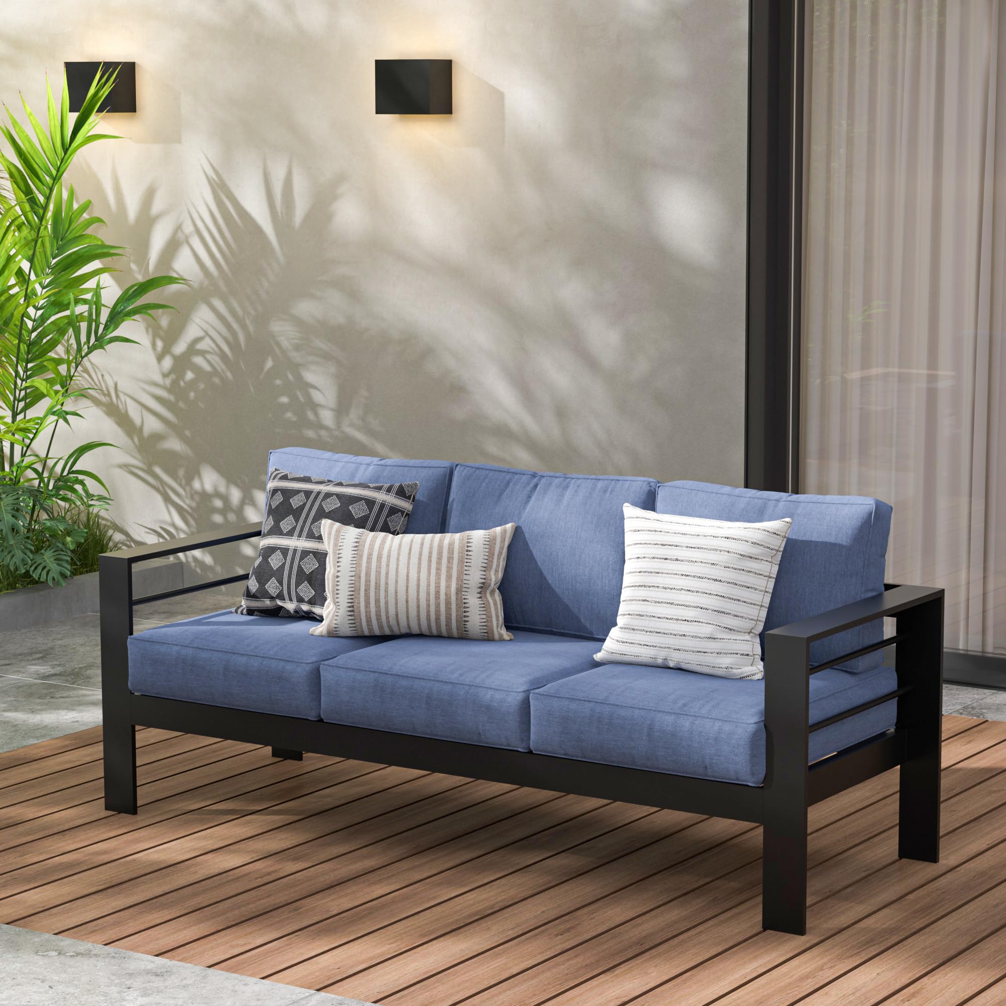 Wisteria Lane Patio Furniture Aluminum Loveseat, All-Weather Outdoor 2 Seats Sofa Couch, Black Metal Chair with Light Grey Cushions
