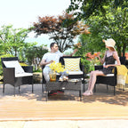 Tangkula 4 Piece Patio Furniture Set, Outdoor Wicker Conversation Set with Tempered Glass Coffee Table, Rattan Loveseat & Chairs Set with Seat Cushions for Backyard, Garden, Poolside (1, Beige)