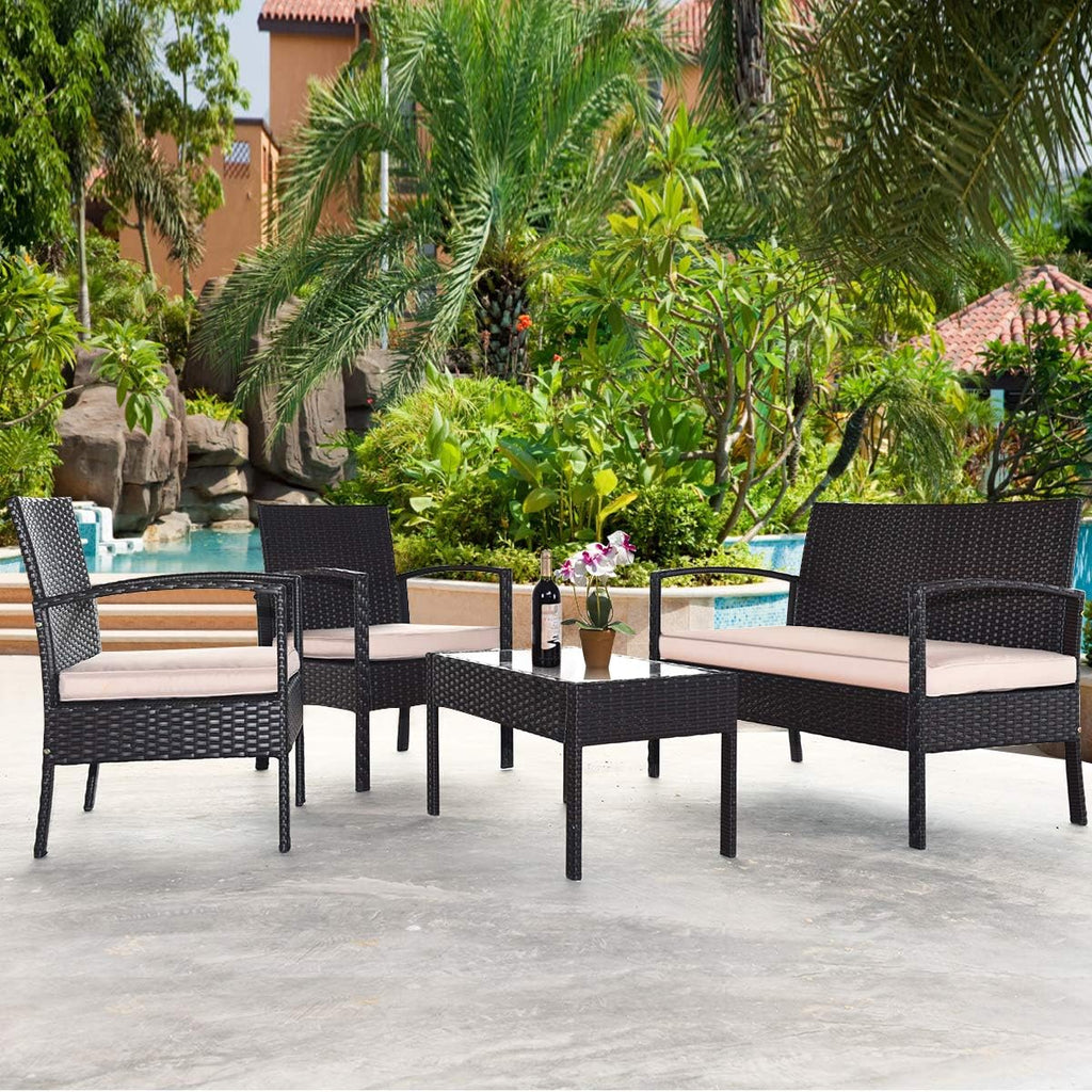Tangkula 4 Piece Rattan Patio Furniture Set, All Weather Heavy Duty Wicker Outdoor Conversation Set, Includes Loveseat Bench, Single Chairs and Coffee Table, for Porch, Backyard, Garden, Poolside (1)