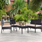 Tangkula 4 Piece Rattan Patio Furniture Set, All Weather Heavy Duty Wicker Outdoor Conversation Set, Includes Loveseat Bench, Single Chairs and Coffee Table, for Porch, Backyard, Garden, Poolside (1)