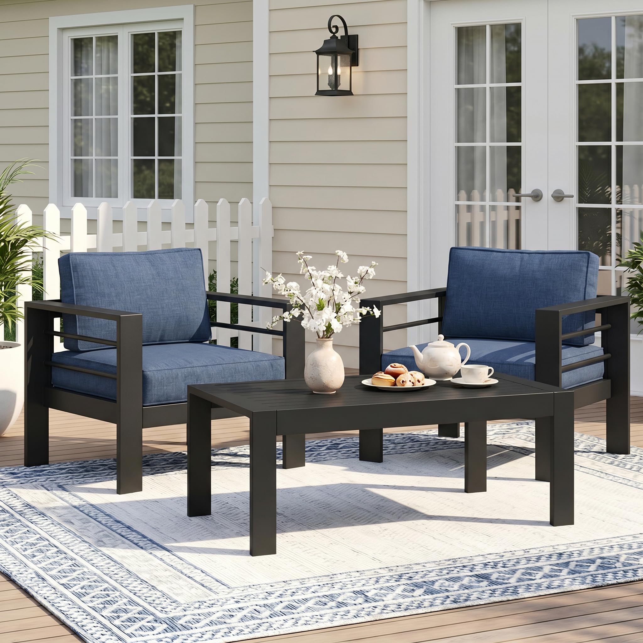 Wisteria Lane Patio Furniture Aluminum Loveseat, All-Weather Outdoor 2 Seats Sofa Couch, Black Metal Chair with Light Grey Cushions