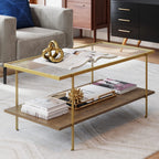 Nathan James Asher Mid-Century Rectangle Coffee Table Glass Top and Wood Finish Storage Shelf with Metal Legs, Walnut/Black
