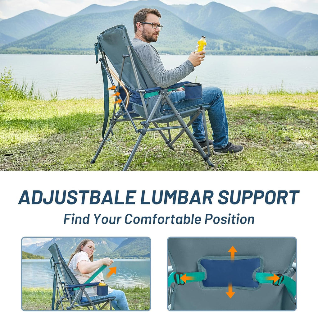 TIMBER RIDGE Oversized Camping Chair with Lumbar Support, Portable Folding Chair Heavy Duty for Adults Supports 450 LBS for Outdoor Camping Lawn, with High Back, Cup Holder, Side Pocket, Blue