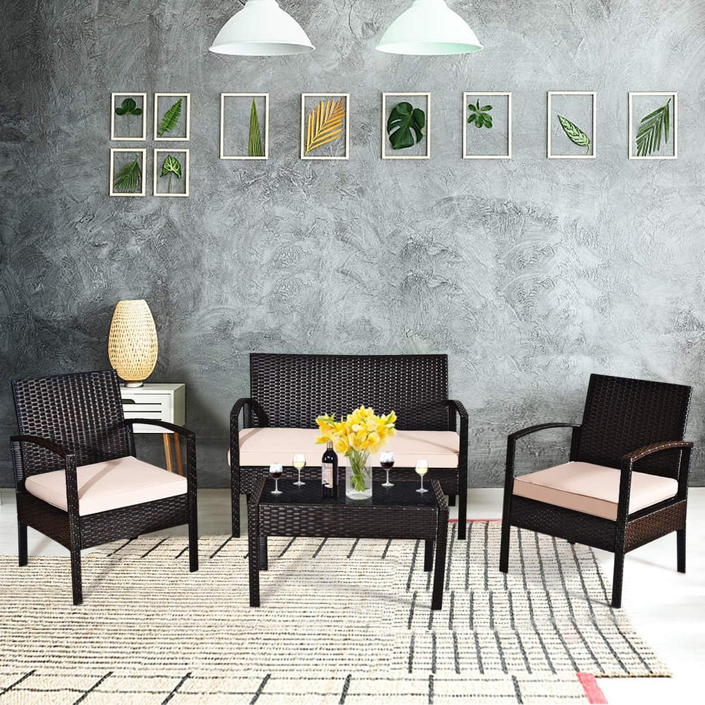 Tangkula 4 Piece Rattan Patio Furniture Set, All Weather Heavy Duty Wicker Outdoor Conversation Set, Includes Loveseat Bench, Single Chairs and Coffee Table, for Porch, Backyard, Garden, Poolside (1)