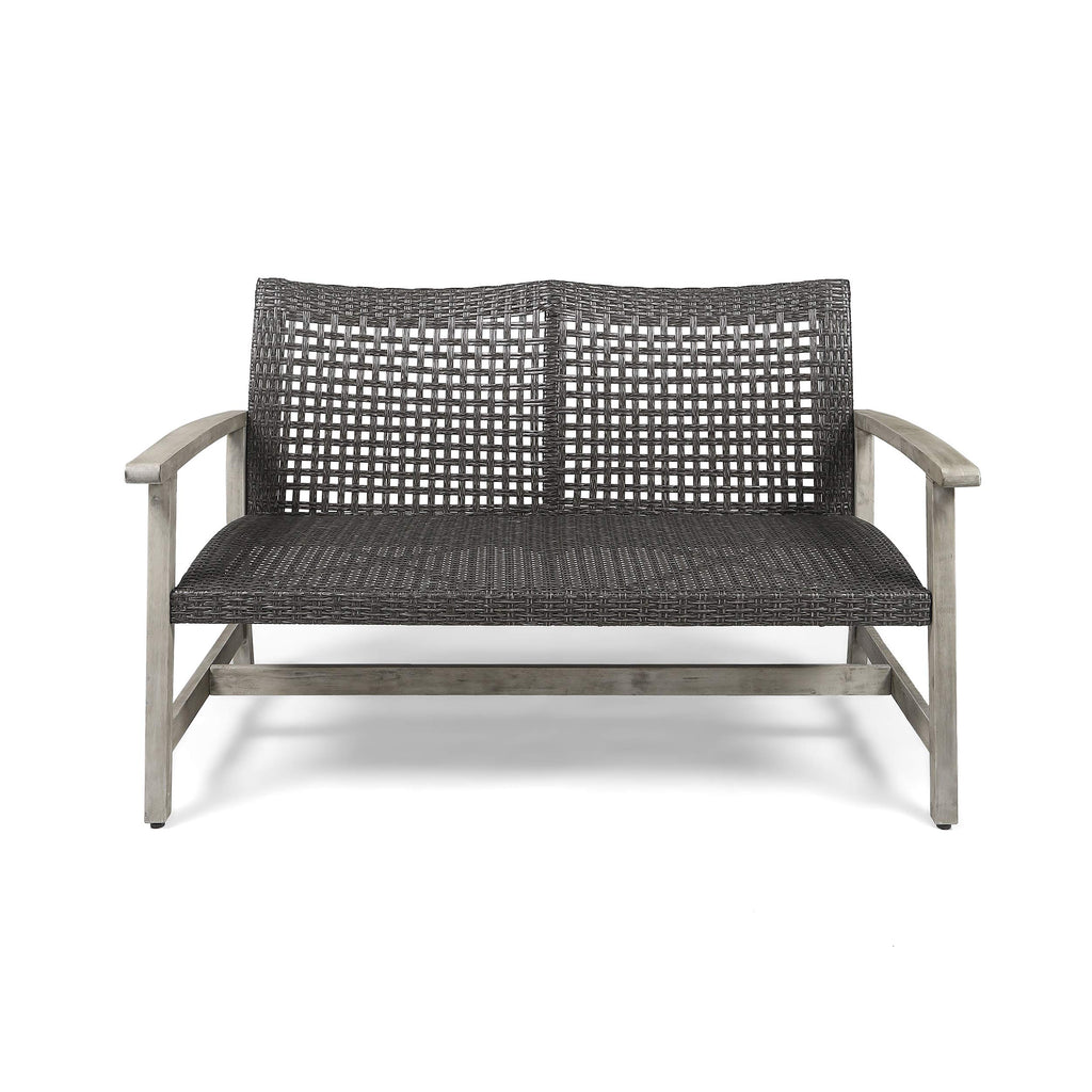 Great Deal Furniture Marcia Outdoor Wood and Wicker Loveseat, Natural Finish with Mix Mocha Wicker,Mix Mocha, Natural Stained Finish,307798