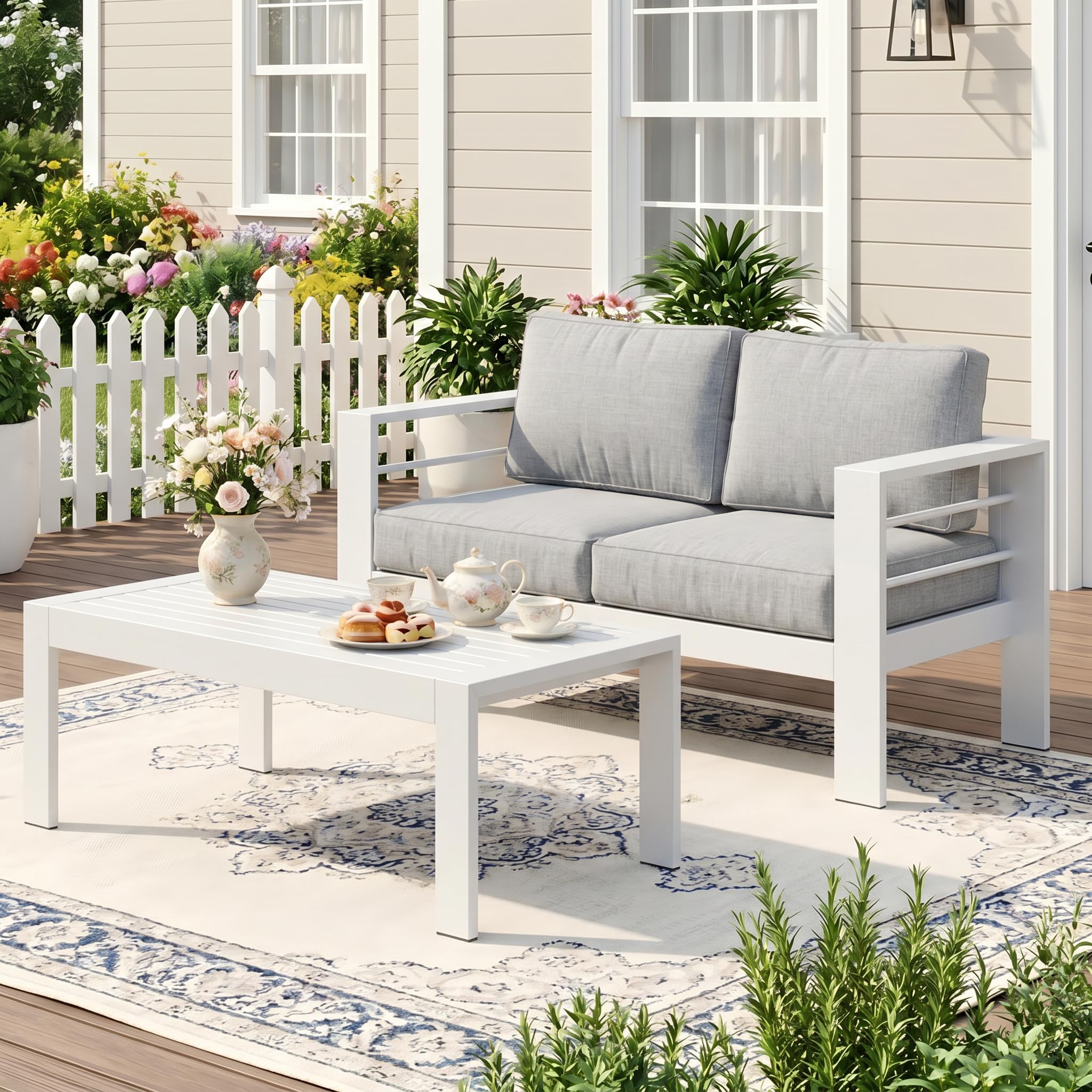 Wisteria Lane Patio Furniture Aluminum Loveseat, All-Weather Outdoor 2 Seats Sofa Couch, Black Metal Chair with Light Grey Cushions