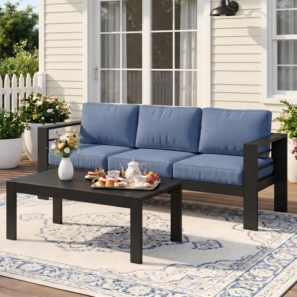 Wisteria Lane Patio Furniture Aluminum Loveseat, All-Weather Outdoor 2 Seats Sofa Couch, Black Metal Chair with Light Grey Cushions