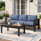 Wisteria Lane Patio Furniture Aluminum Loveseat, All-Weather Outdoor 2 Seats Sofa Couch, Black Metal Chair with Light Grey Cushions