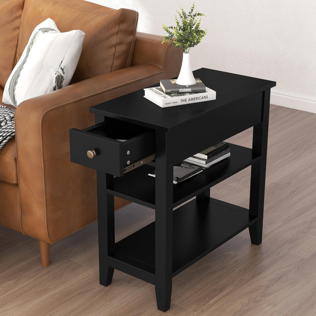 ChooChoo Side Table Living Room Set of 2, Narrow End Table with Drawer and Shelf, 3-Tier Sofa End Table for Small Space, White and Brown