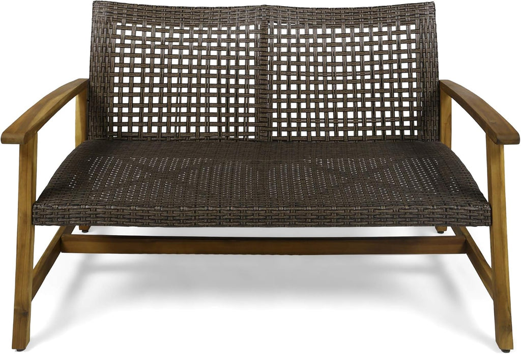Great Deal Furniture Marcia Outdoor Wood and Wicker Loveseat, Natural Finish with Mix Mocha Wicker,Mix Mocha, Natural Stained Finish,307798