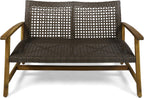 Great Deal Furniture Marcia Outdoor Wood and Wicker Loveseat, Natural Finish with Mix Mocha Wicker,Mix Mocha, Natural Stained Finish,307798